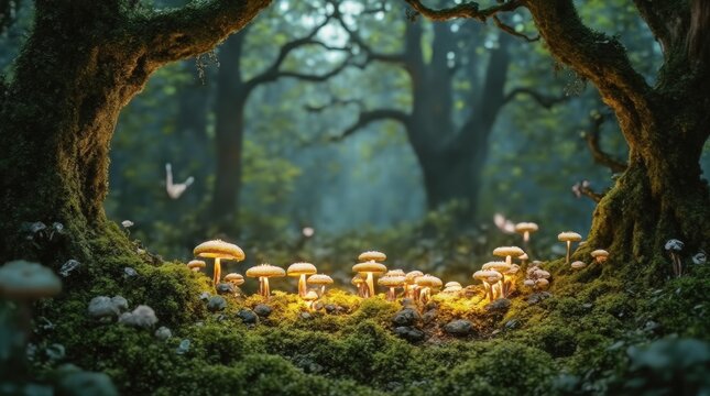 Enchanted forest clearing with glowing mushrooms and ancient trees