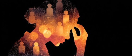 Soul's reflection in watercolors: visualizing the battle within. Digital networking avatars. Silhouettes of the mind: a watercolor tale of emotional exhaustion. Virtual teamwork concept.