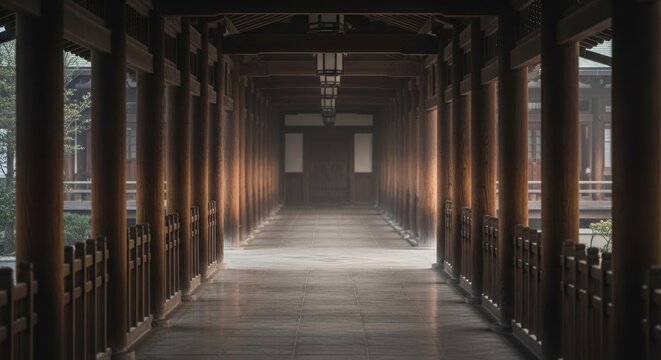 Long traditional wooden corridor with pillars, leading to a distant structure, subtle light