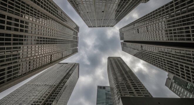 Looking up at a cluster of towering urban skyscrapers under a cloudy grey sky