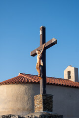 View of colourful Collioure, narrow streets and yellow, pink, orange houses, summer vacation destination town with historical buidings and beaches, Pyrenees-Orientales, France