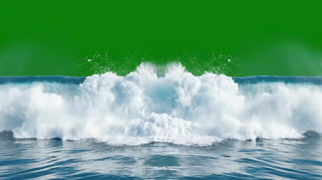 Perfectly controlled ocean water physics simulation creating a symmetrical crashing cresting wave isolated on a clean chroma key green screen background controlled, clean, nature