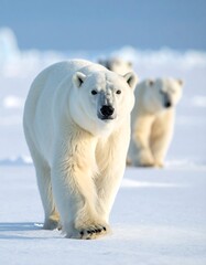 Three polar bears walking across an icy, snowy landscape