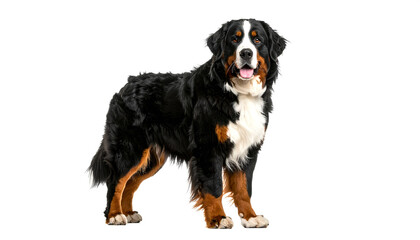 Bernese mountain dog standing alert with fluffy fur against white background