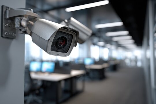 Security camera monitoring a modern office interior with workstations and computers in a well-lit environment during business hours