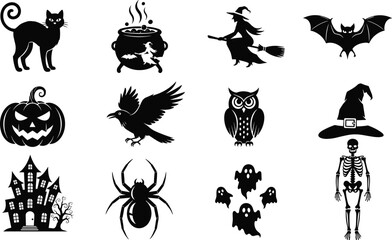 Halloween silhouette collection featuring witch black cat pumpkin haunted house bat cauldron skeleton spider raven owl ghosts and witch hat icons