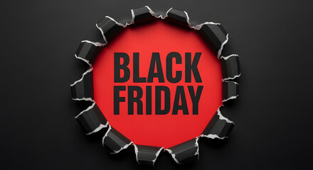 A striking black friday advertisement featuring bold text on a vibrant red background, framed by torn black paper
