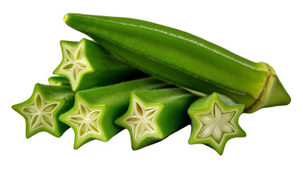 A close up of fresh okra pods with star shaped cross sections on a dark black background surface
