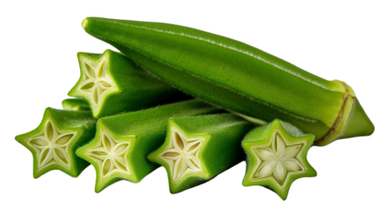 A close up of fresh okra pods with star shaped cross sections on a dark black background surface