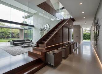 Obraz premium Modern Home Interior Featuring Wooden Staircase, Concrete Walls, and Expansive Glass Windows Overlooking a Garden.