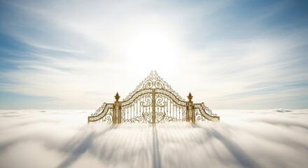 Ornate golden gate bathed in bright light, floating above fluffy clouds in the sky