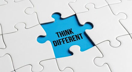 Fototapeta premium Unique puzzle piece missing, revealing 'think different' message