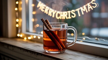 Hot spiced drink in a glass mug with cinnamon sticks and Christmas lights hot drink mulled wine