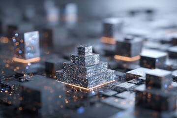 Futuristic smart city with blockchain technology creating a digital landscape of interconnected buildings and networks