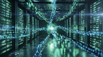 Futuristic AI Chip Processing Data in a Server Room. - Powered by Adobe