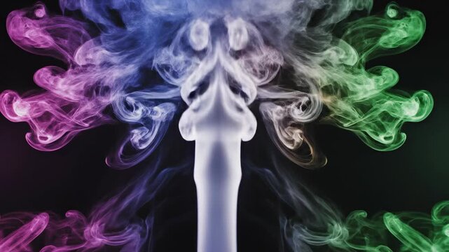 Saturated smoke vapor slowly rising and twisting into vibrant harmonious symmetrical patterns in cinematic slow motion mystical, billowing, dark