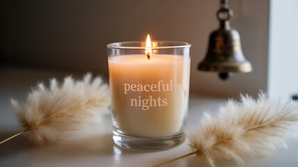 Lit Scented Candle with " Peaceful Nights" Text and Pampas Grass lit candle flame