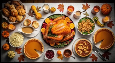 Overhead view abundant autumn holiday feast with a roasted turkey and various pies