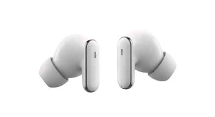 Two white wireless earbuds with silver accents, isolated on a transparent background, offering a sleek and modern design