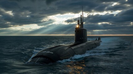 Military Submarine Navigating Through Choppy Ocean Waters Under Dramatic Cloudy Sky with Sunbeams navy