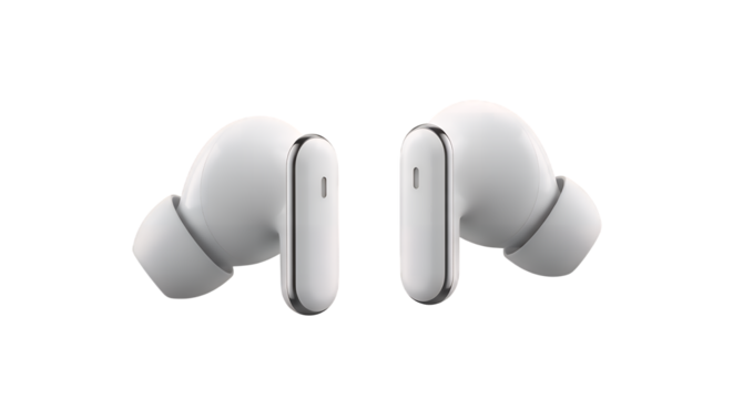 Two white wireless earbuds with silver accents, isolated on a transparent background, offering a sleek and modern design