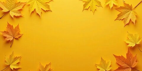 Golden Autumn Leaves Frame on Vibrant Yellow Background, Perfect for Seasonal Designs and Fall-Themed Projects