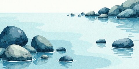 Serene Waters Smooth stones rest gently on the surface of a calm body of water, creating a picturesque scene of tranquility and natural beauty.