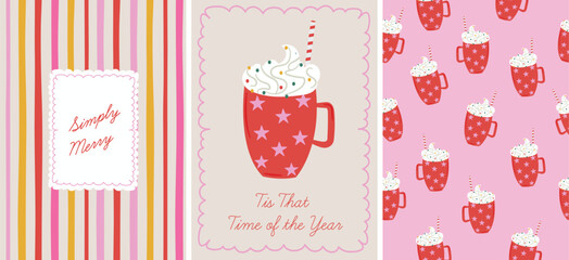Hot Cocoa Christmas Card and Pattern Set with Cute Holiday Mug Illustration, Frame ,Stripes background. Ideal for holiday cards, printable gifts, winter invitations, posters, and seasonal crafts.