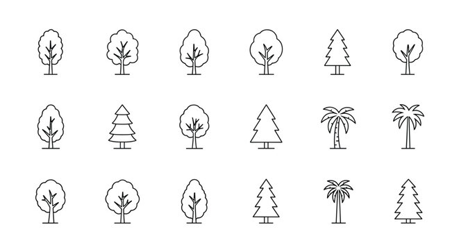 Minimalist line art vector icons depicting a variety of tree species for nature, forest, and environmental designs.