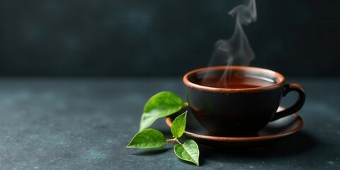 Aromatic Cup of Steaming Herbal Tea with Fresh Leaves on a Dark Surface