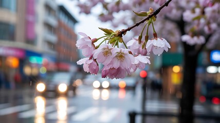 Pink Cherry Blossoms with Water Droplets in the Rain on a Blurred City Street Background sakura pink flowers