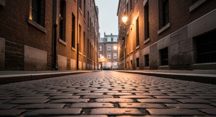 Quiet historic cobblestone alleyway, flanked by brick buildings, lit by warm streetlights