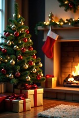 A Festive Christmas Eve Scene Featuring a Decorated Fir Tree, Presents, and a Cozy Fireplace