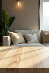Light streaming through a window illuminates a minimalist living room's wooden surface, showcasing a calming, sun-drenched interior scene.