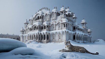 Snow-covered white palace with a snow leopard resting in the foreground winter architecture