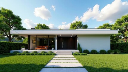 Modern Minimalist Single-Story Residence with Expansive Glass Windows and Lush Landscaping, Designed for Tranquil Living