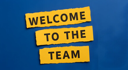 Excited to welcome new talent join your company's team with vibrant yellow typography against a blue background symbolizing unity and collaboration in the workplace