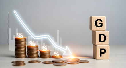 Navigating economic downturns with strategic planning and financial resilience for long term growth, a GDP decline reflected in stacked coins and wooden blocks