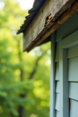 Close-up View of a Weathered Wooden Eaves Detail on a Light Green House Exterior Against a Soft Focus Green Natural Background