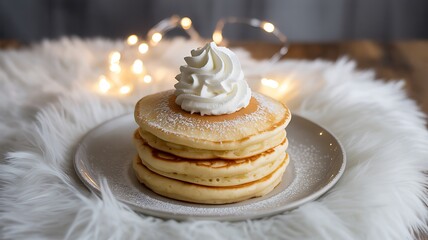 Stack of Fluffy Pancakes Topped with Whipped Cream and Powdered Sugar on a White Plate breakfast food