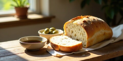 Artisan sourdough bread loaf, sliced, served with olives and oil, bathed in sunlight on a rustic wooden table