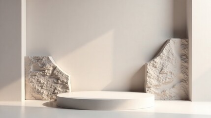 Serene Minimalist Display with Textured Stone Accents and a Circular Pedestal