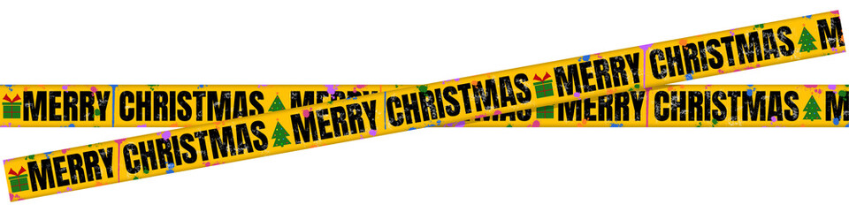 Yellow Caution Tape with Bold Black &ldquo;Merry Christmas&rdquo; Text &ndash; Festive Holiday Banner with Christmas Tree and Gift Icons and Multicolored Paint Splatter on Transparent Background