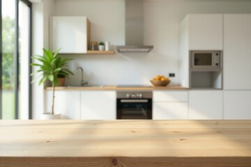 Sunlit Wooden Tabletop in a Modern Kitchen with Bright Cabinets and Appliances