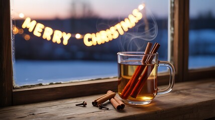 Steaming mug of mulled wine with cinnamon sticks and Christmas lights by a window hot drink winter