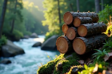 Serene forest riverbank scene with a stack of neatly arranged logs resting on mossy rocks, bathed in sunlight
