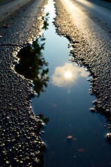 A sunlit reflection in a narrow puddle on a dark asphalt road surface, showing the texture of the road and the sky