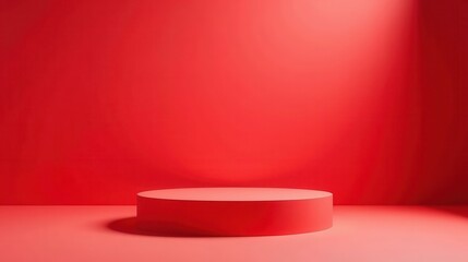 A vibrant red cylindrical platform rests subtly on a matching floor against a solid red backdrop, creating a minimalist and clean aesthetic ideal for showcasing products or designs.