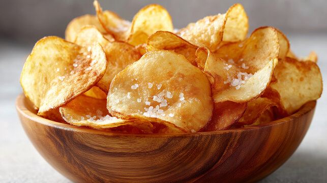 Tasty crunchy potato chips snack bowl close-up