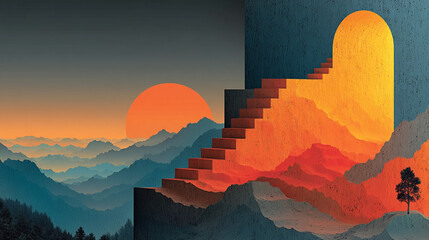 Abstract Gradient Illustration of Impossible Staircase Unfolding from Hidden Space to Light, Deep Navy to Amber, Surreal Digital Art